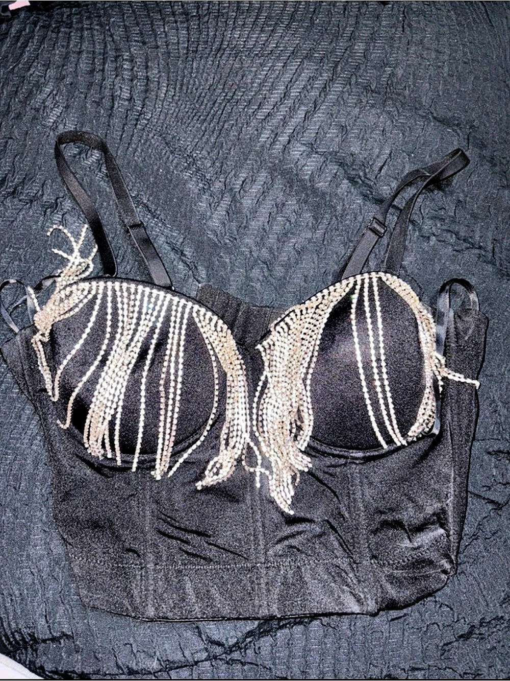 Windsor Adjustable Rhinestone Fringe Black Padded Bra Bustier Embellished Black
